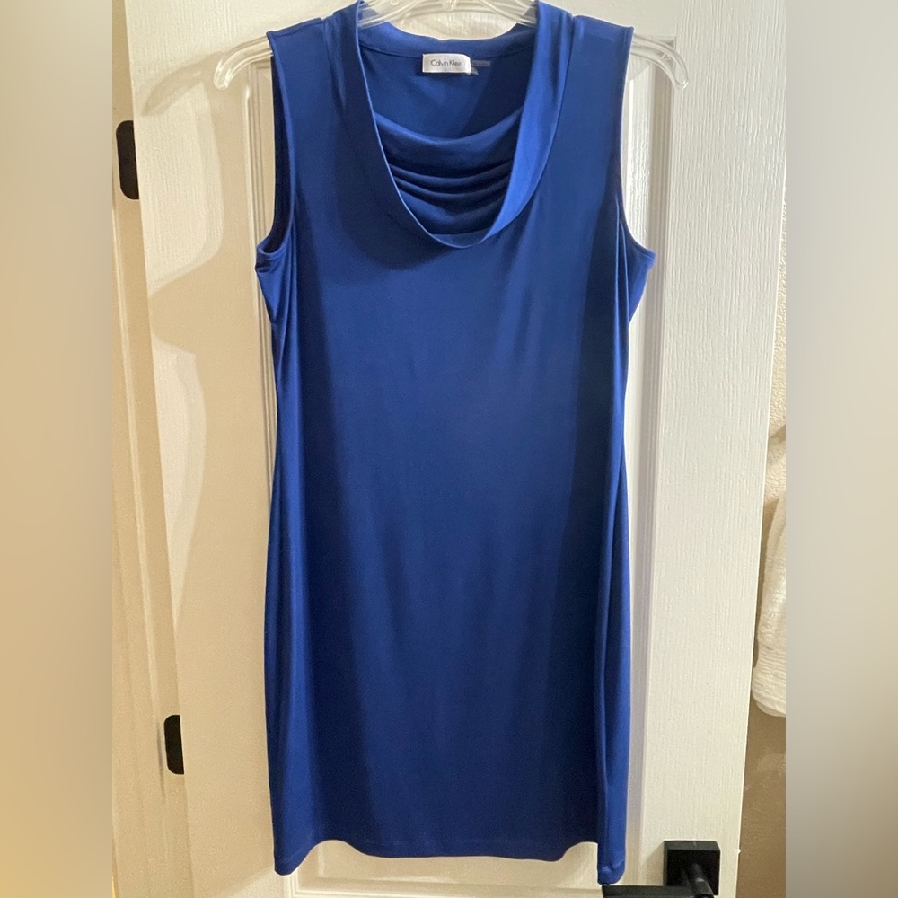 Calvin Klein Atlantis Blue Cowl Neck Pullover Sheath Sleeveless Slinky Dress